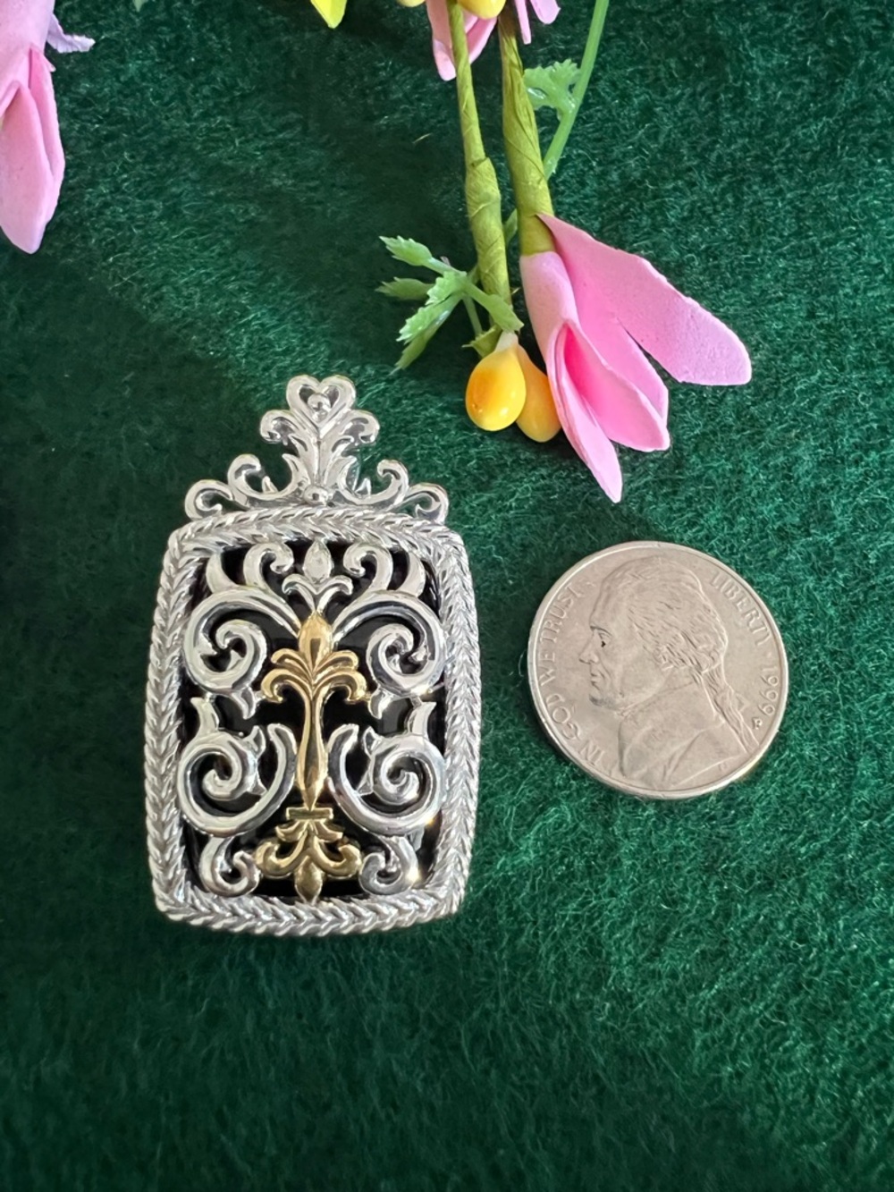 Ornate Filigree Pendant/Enhancer Silver & Gold Tones - Picture 10 of 13